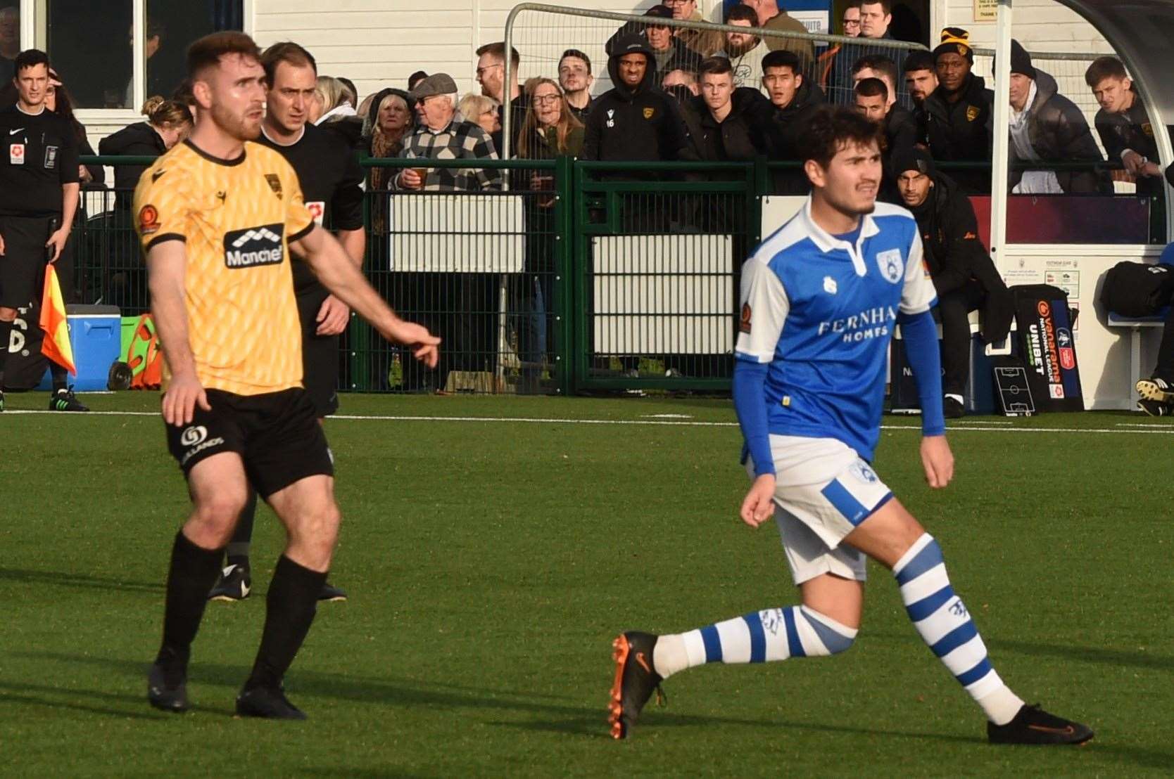 Tonbridge midfielder Lewis Gard, right, in action against Maidstone on Boxing Day. Picture: Steve Terrell