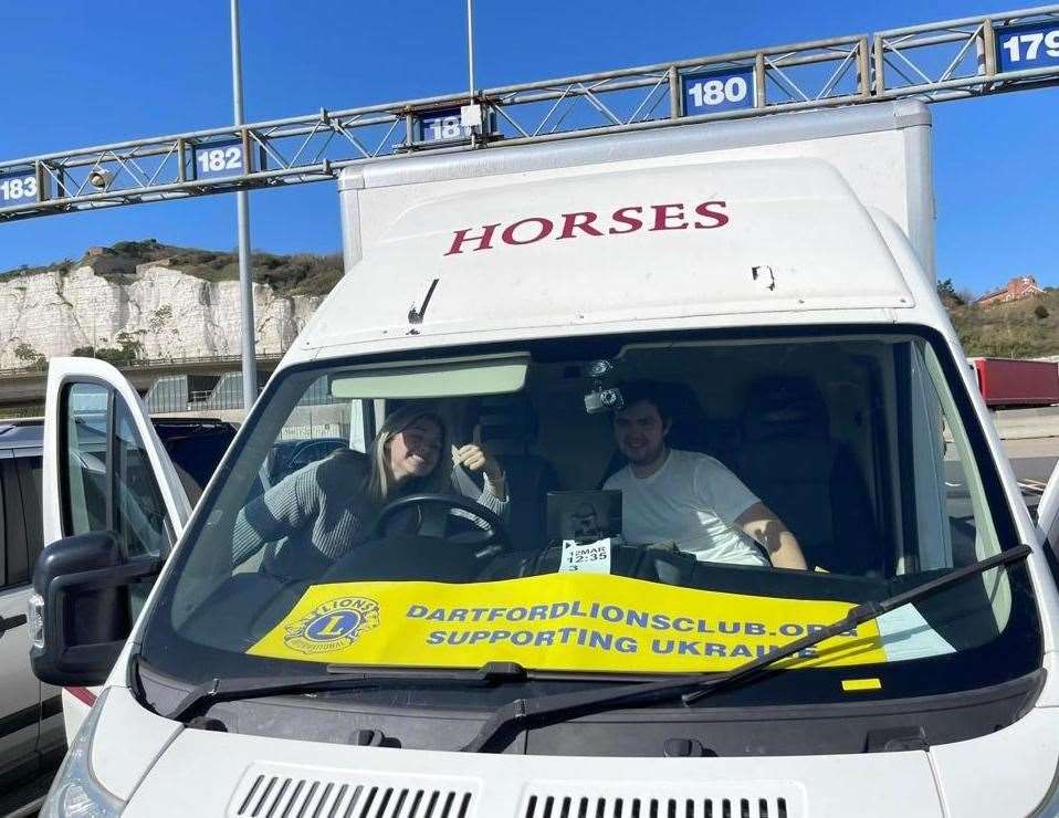 The horsebox which transported supplies to Belgium waiting for a ferry