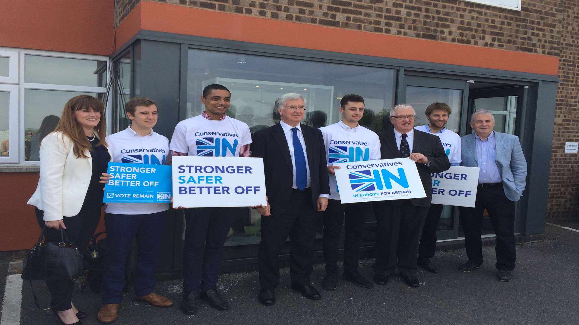 Rochester and Strood MP Kelly Tolhurst, Defence Secretary Michael Fallon and remain campaigners at Euromet in Rochester