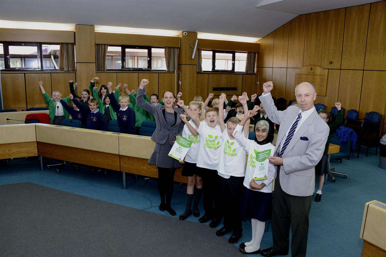 Cllr Michael Claughton at Ashford Council Chamber with youngsters from local schools at the launch of KM Green Champions.
