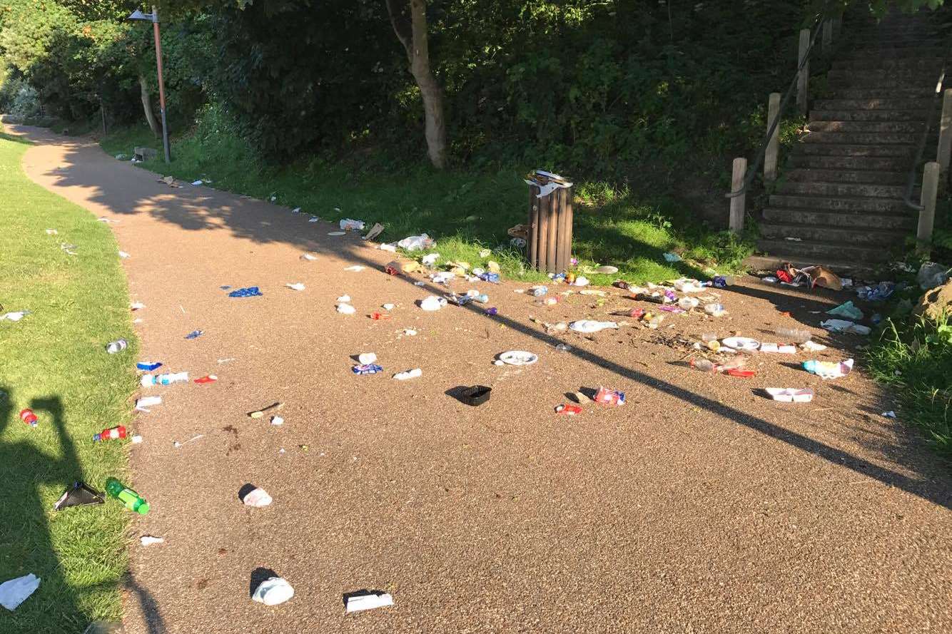 Piles of litter strewn around the Lower Leas Coastal Park this morning