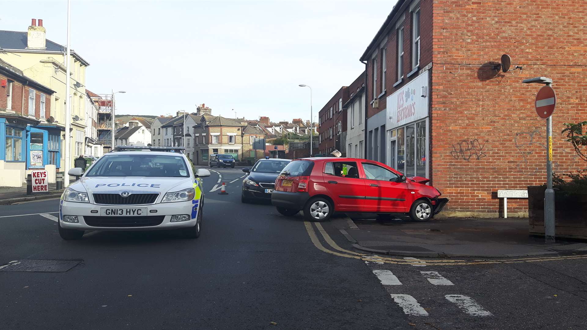 The car crashed into the shop on the corner of Blackbull Road and Bradstone Avenue