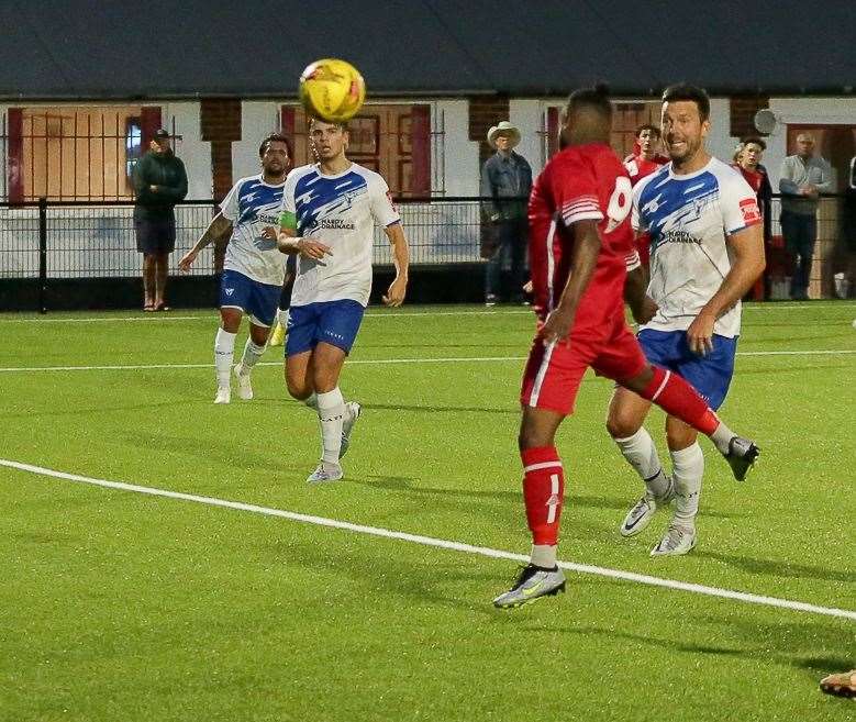 Steadman Callender heads in Whitstable's fourth in their impressive midweek win over Erith & Belvedere. Picture: Les Biggs