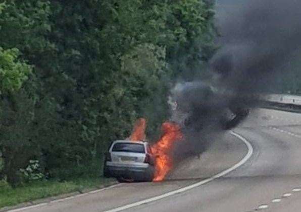 The car has been destroyed by the fire. Pic: Kent Police RPU, Twitter