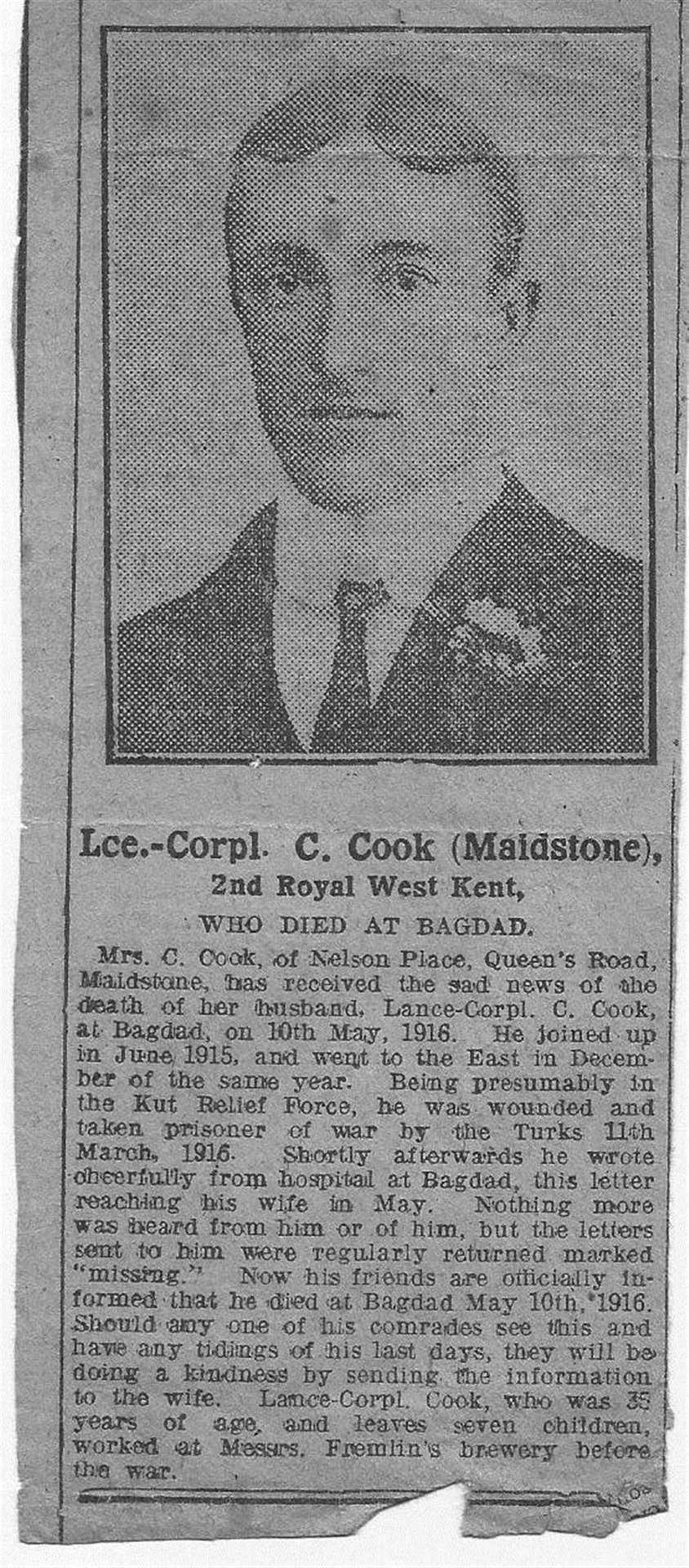 The Kent Messenger carried a report of Lance Corporal Charles Cook's death in 1916