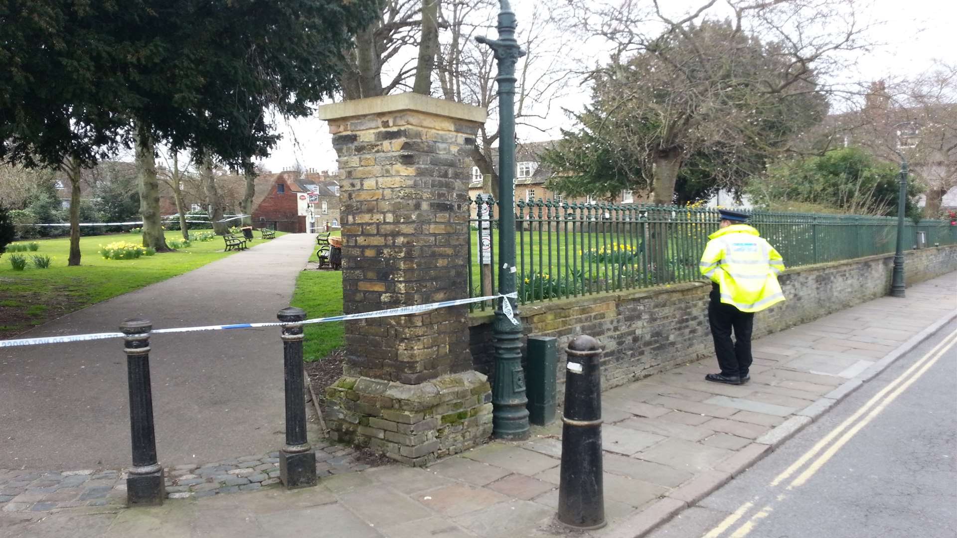 PCSO stands guard outside St Mary's Green in Canterbury this morning after alleged assault on young woman on Friday