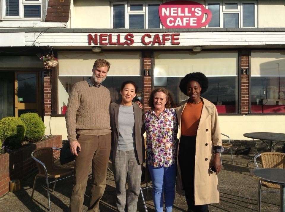 Cafe manager Sandra Hassan, second from right, with Killing Eve actors, from left, Darren Boyd, Sandra Oh and Kirby Howell-Baptiste