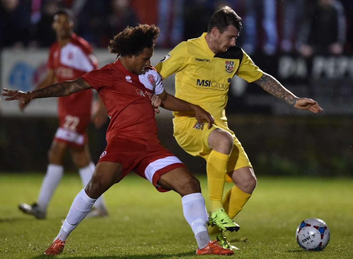 On-loan Leyton Orient winger Sandro Semedo challenges for Welling. Picture: Keith Gillard