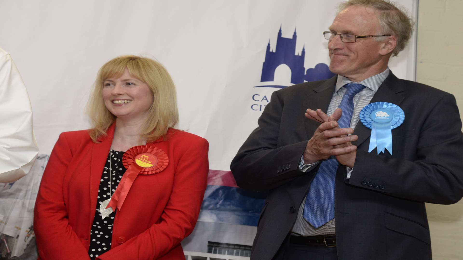 Sir Julian Brazier congratulates Labour's Rosie Duffield on her dramatic win