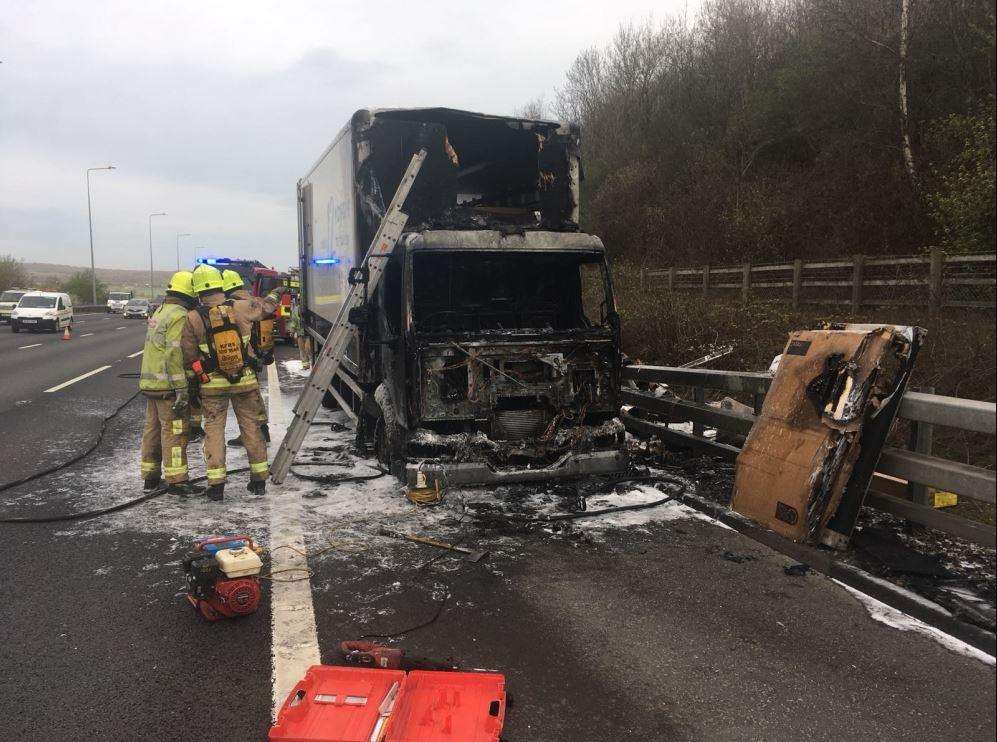 The lorry after the blaze was put out. Picture: Highways England