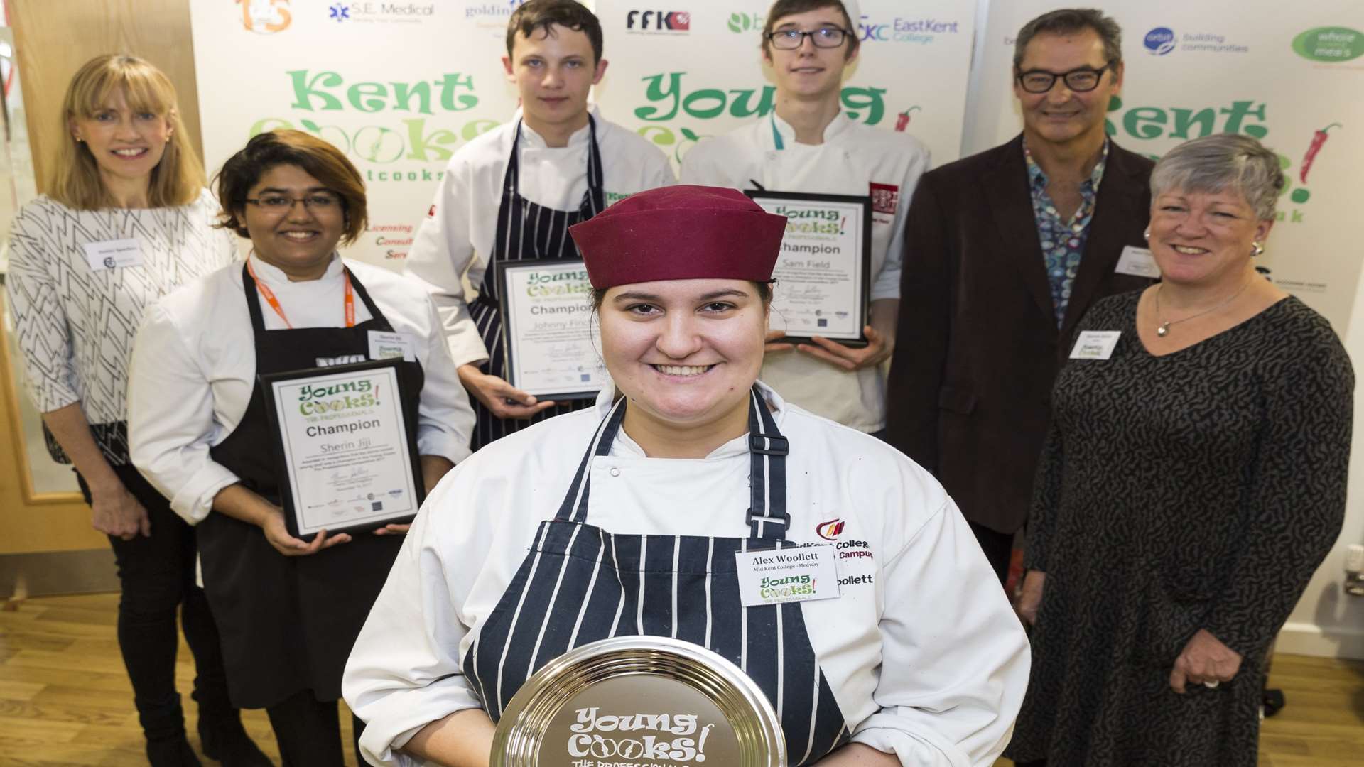 Winner Alex Woollett from Mid Kent College, Medway, with finalists and supporters at the Young Cooks Professionals 2017 contest at Swale Skills Centre, Sittingbourne.