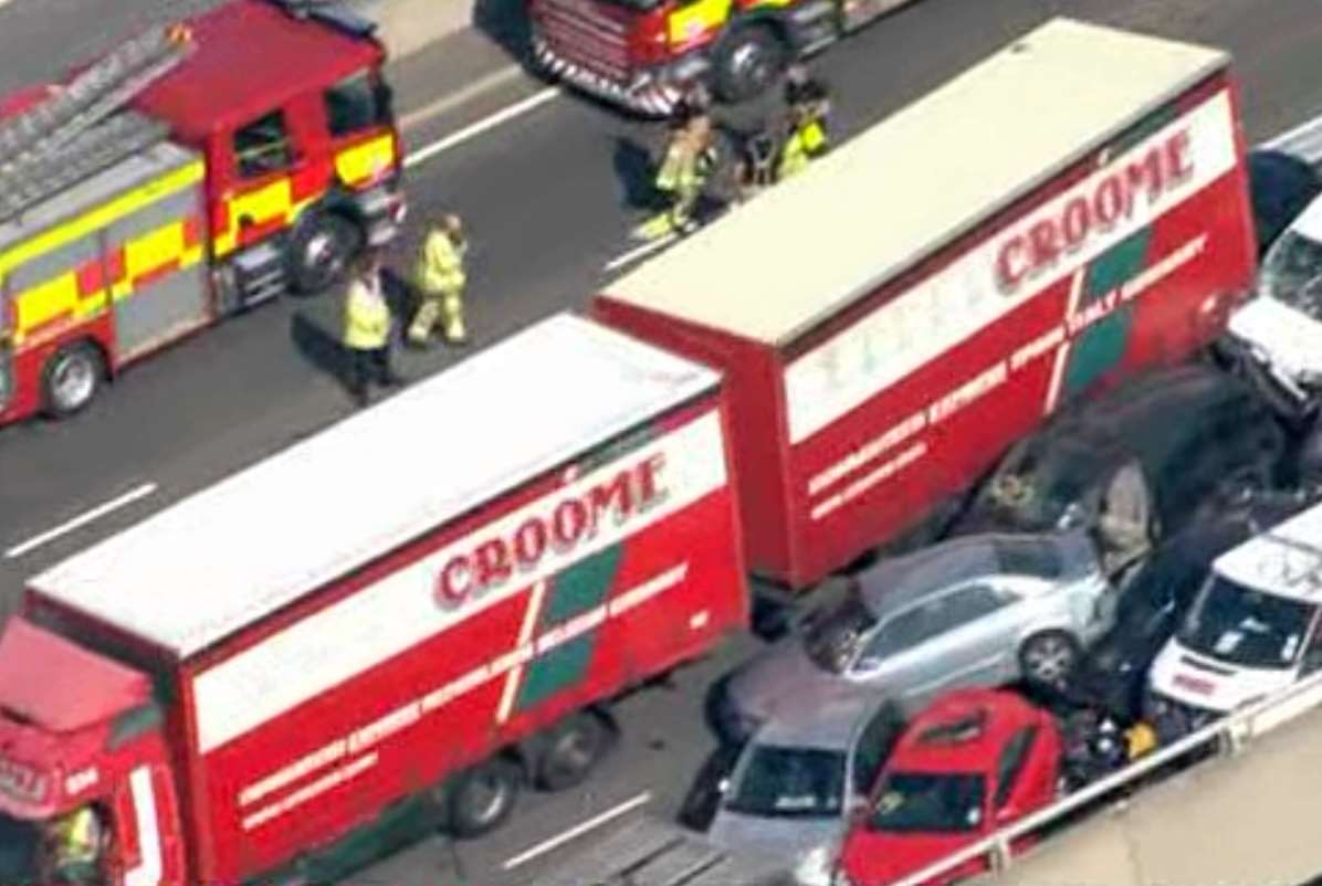 Lorries and cars involved in the Sheppey Crossing pile-up. Picture: Sky News