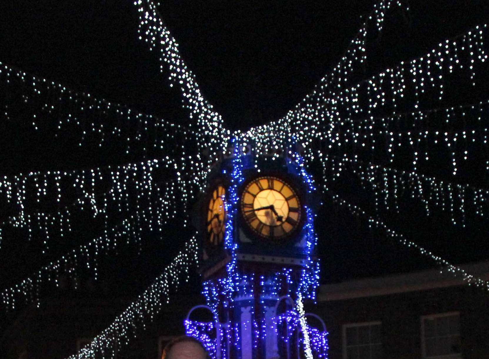 Sheerness clock tower lit up with Christmas lights