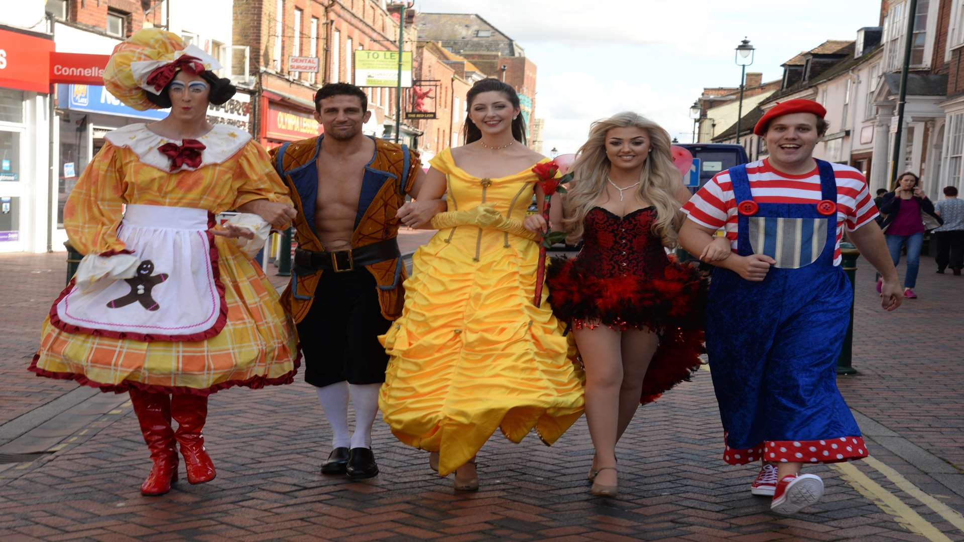 Harry Moore as Dame Dotty Dumpling, Alex Reid as Gaston, Katie Burke as Belle, Lauren Wootton as Fairy Rose and Joe Lucas as Loopy Louis who will be appearing in Beauty and the Beast at the Swallows Leisure Centre in December