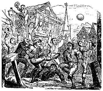An illustration of the sort of 'mob football' which broke out in Canterbury in Christmas 1647, much to the Puritans' displeasure