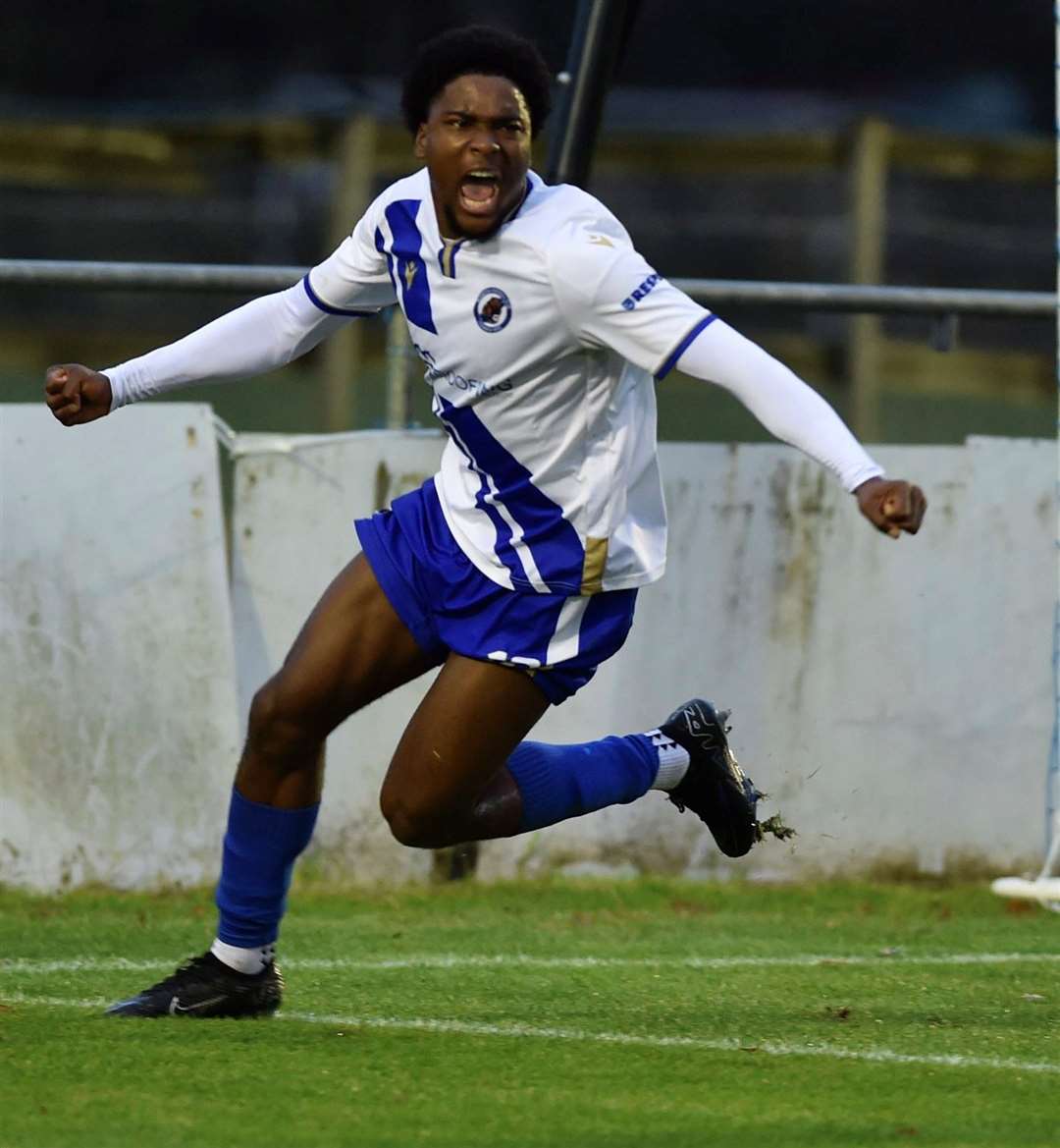 Eniola Hassan celebrates putting Bearsted 2-1 up against Erith Town. Picture: Ian Scammell.