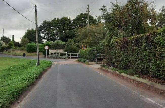Marshborough Road with the site entrance to the left of the 30mph sign. Picture: Dover District Council