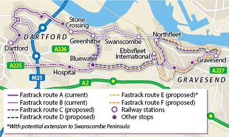The proposed Fastrack bus routes, including a direct link from the Eastern Quarry through to Bluewater