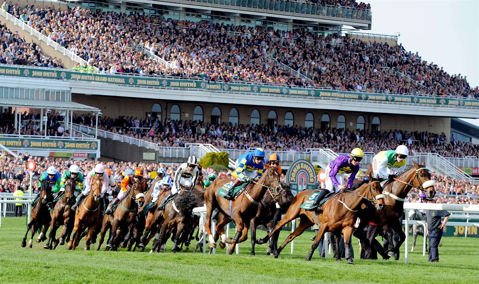 Jockey Jason Maguire on Ballabriggs (right) leads the pack in the 2011 Grand National. Picture courtesy of Liverpool Echo