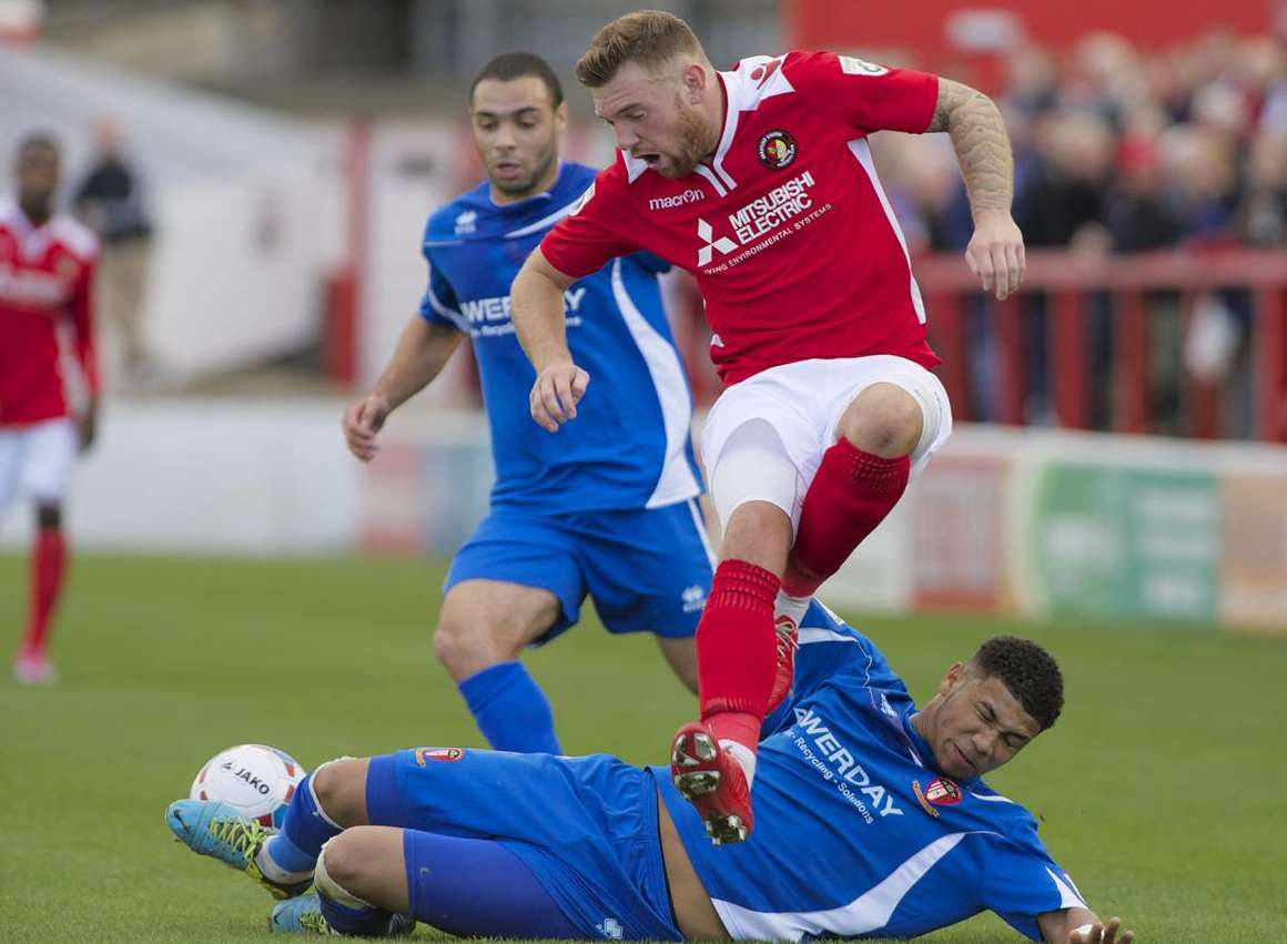 Ebbsfleet's Billy Bricknell stopped in his tracks against Hayes & Yeading Picture: Andy Payton