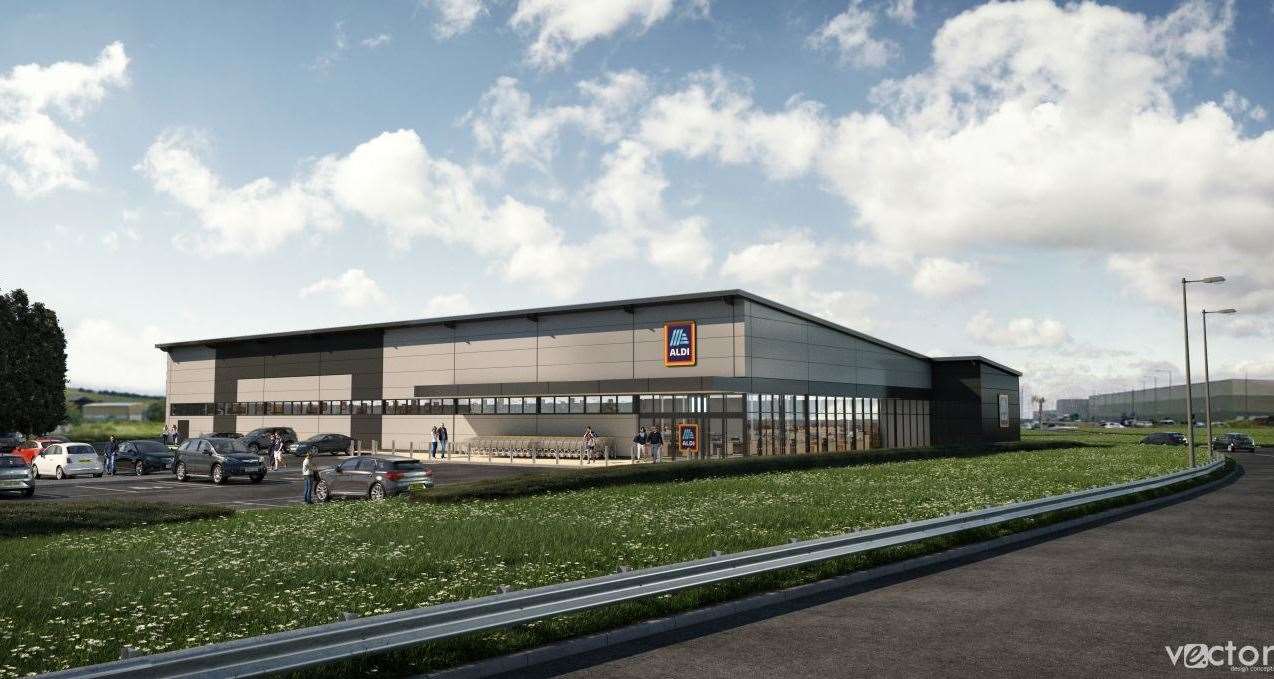 An artist's impression showing what the new Aldi store opposite Neats Court in Queenborough could look like