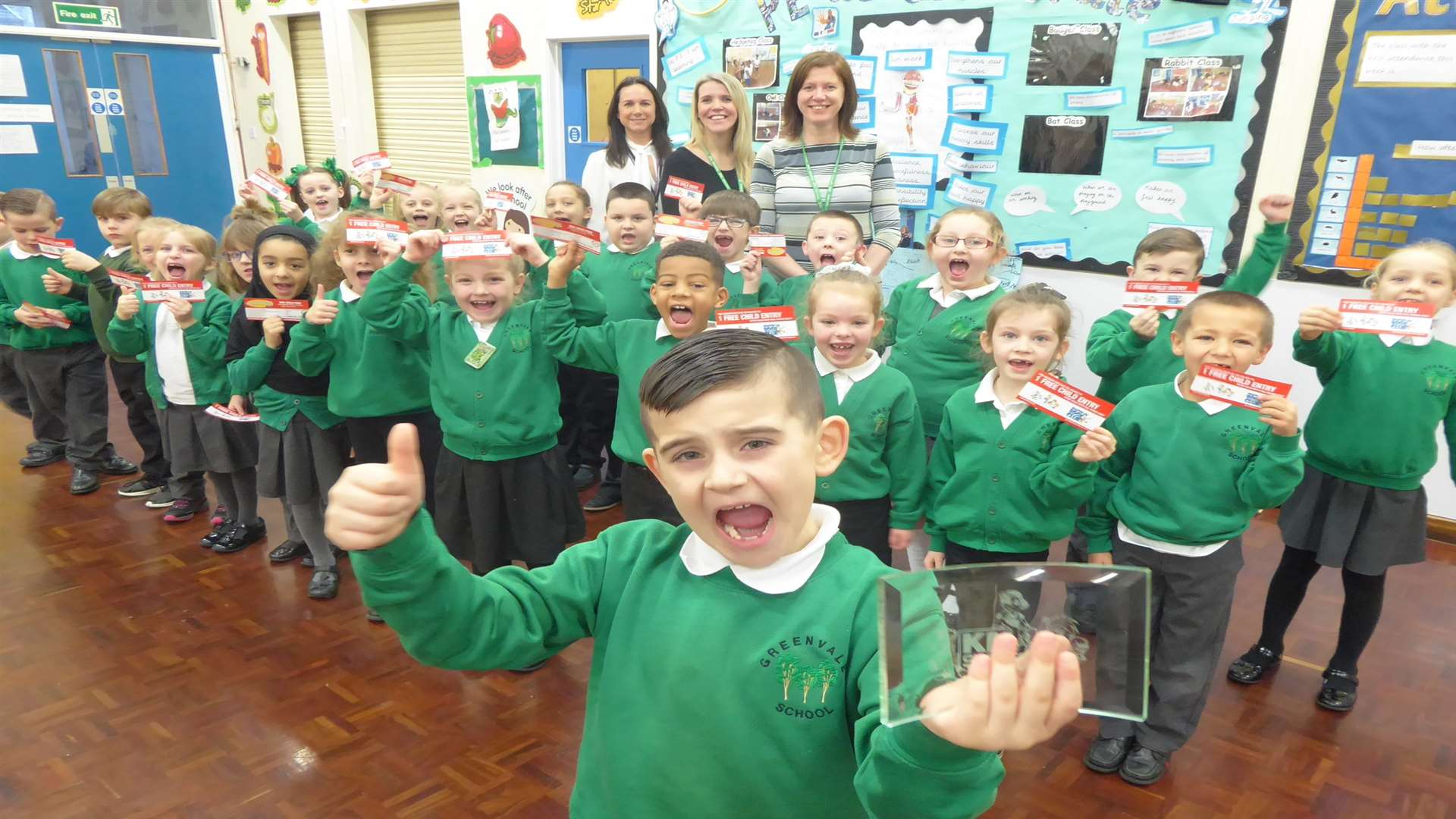 Jayden Cundall and Badger Class at Greenvale Infant School, Chatham, celebrate being walk to school champs.