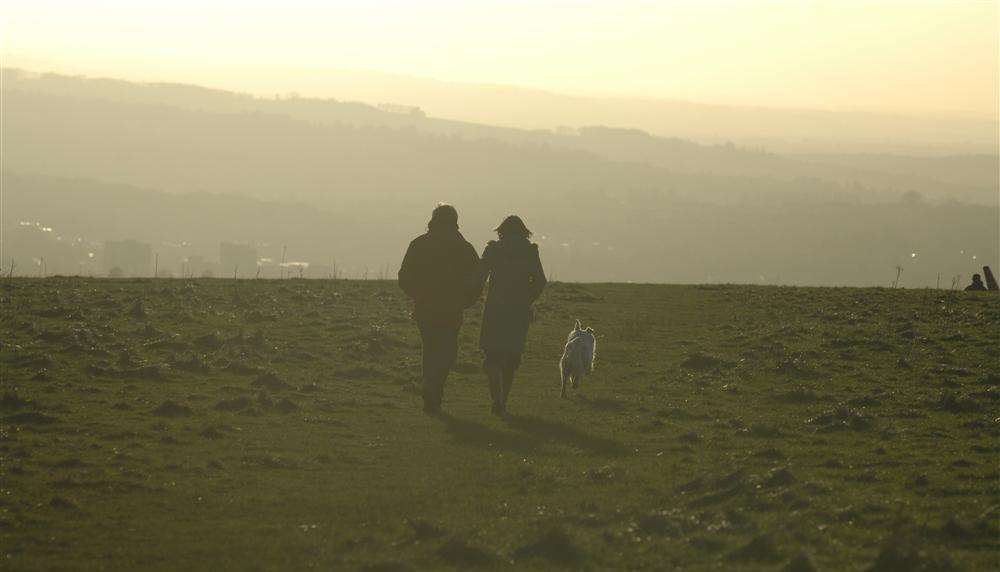 Dog walkers in the evening sun at White Horse Wood, Detling Hill, Detling