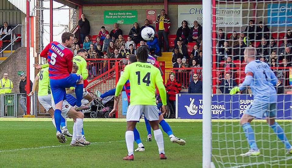 Billy Clifford heads Ebbsfleet level in stoppage time at Dagenham on Easter Monday. Picture: Ed Miller/EUFC