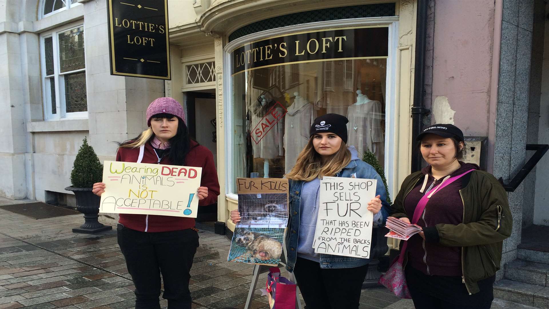 Lina Milns, Hannah Youd and Tracey Beer protest against the fur trade in Maidstone High Street