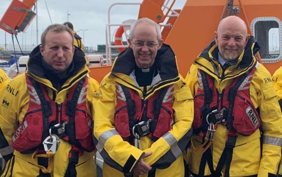 Archbishop Justin Welby with James Clapham and Jon Miell, Coxwains of the RNLI Dover lifeboat. Picture: RNLI/Ailsa Anderson-Cole
