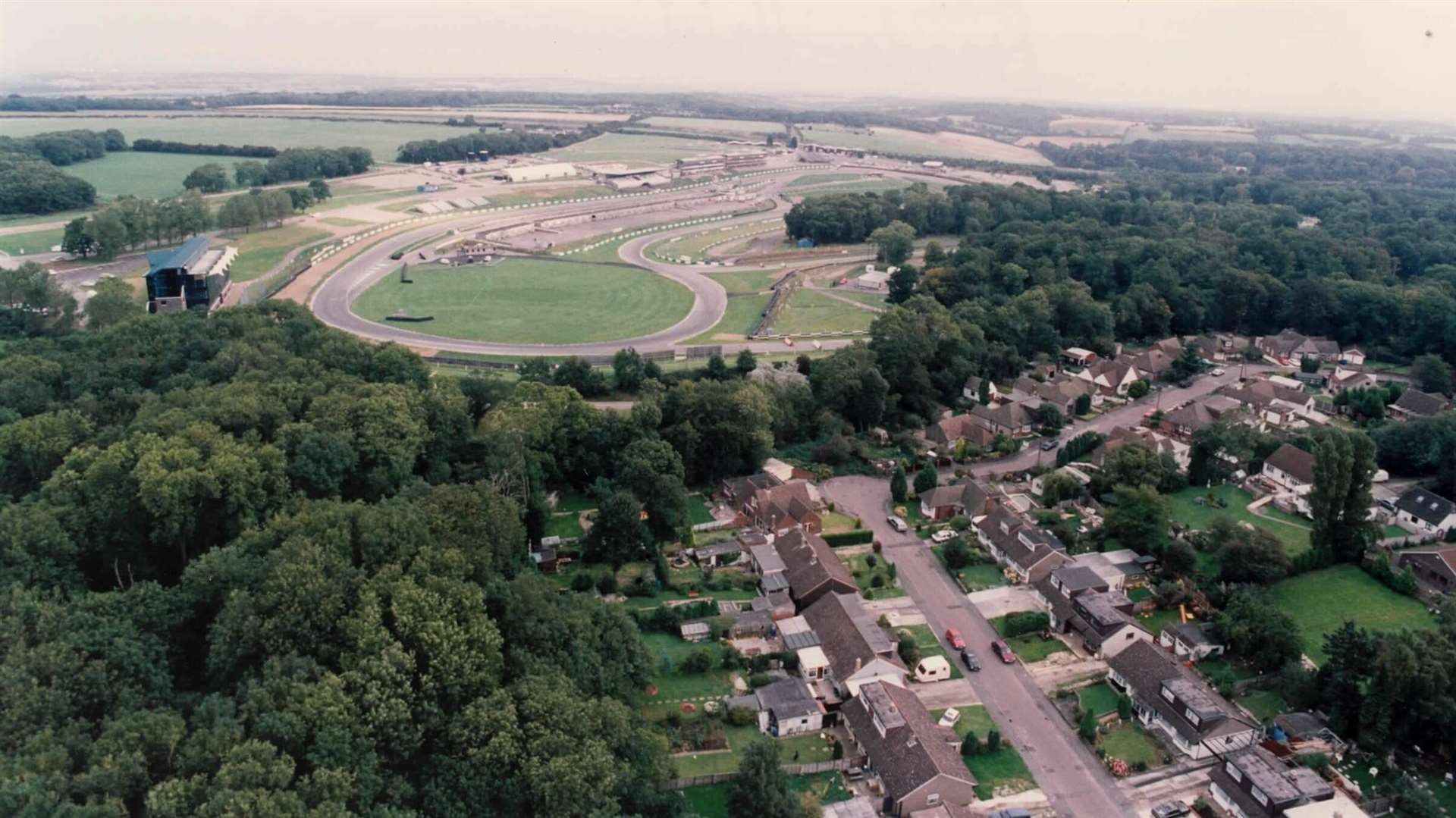 An aerial view of Brands Hatch from 1992, with part of West Kingsdown in the foreground