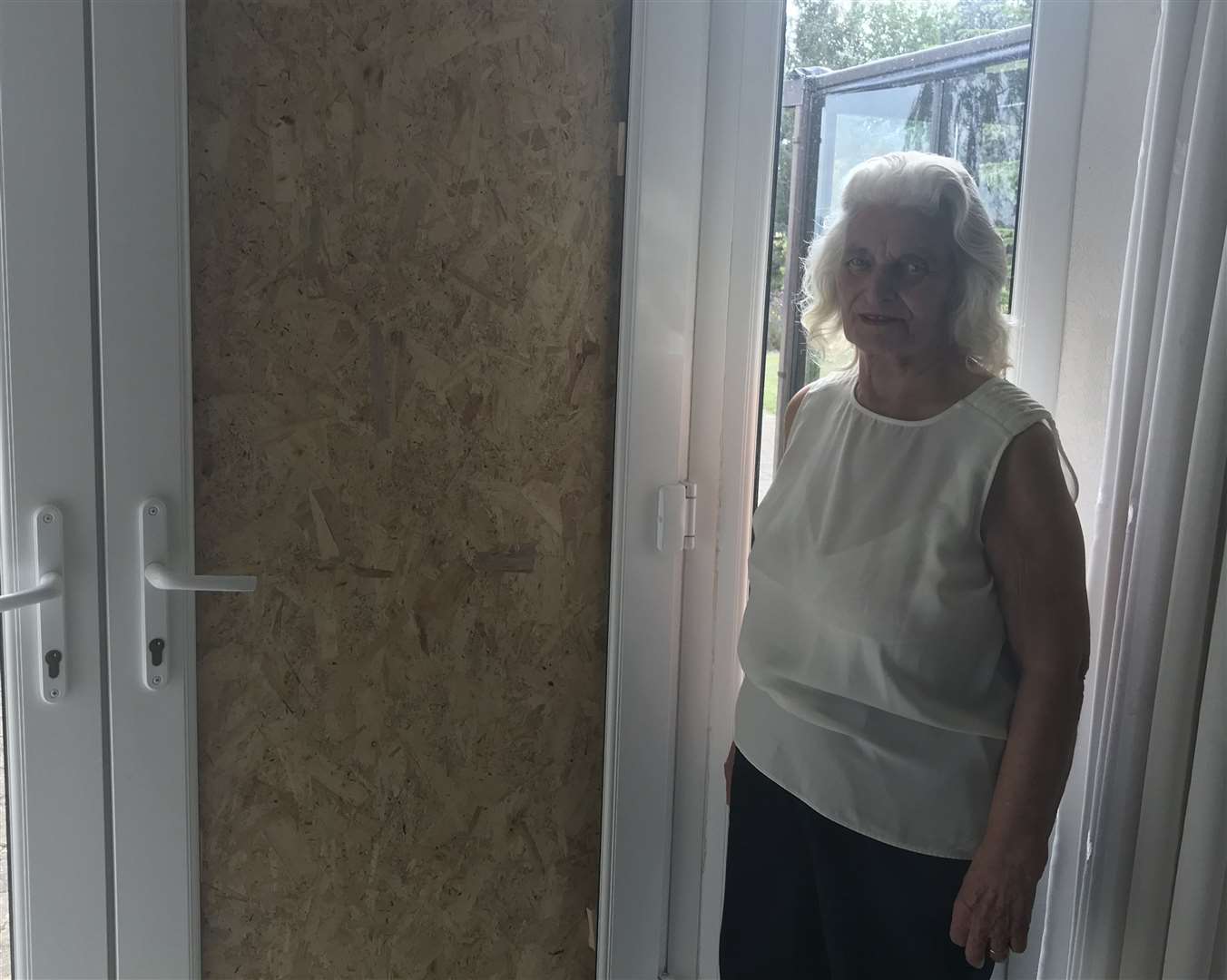 A pair of masked burglars broke into Joan Stone's house by shattering the patio door