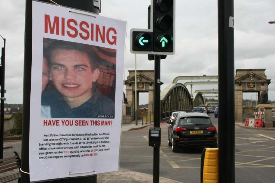 A poster put up at Rochester Bridge by friends of missing soldier Josh Thomas