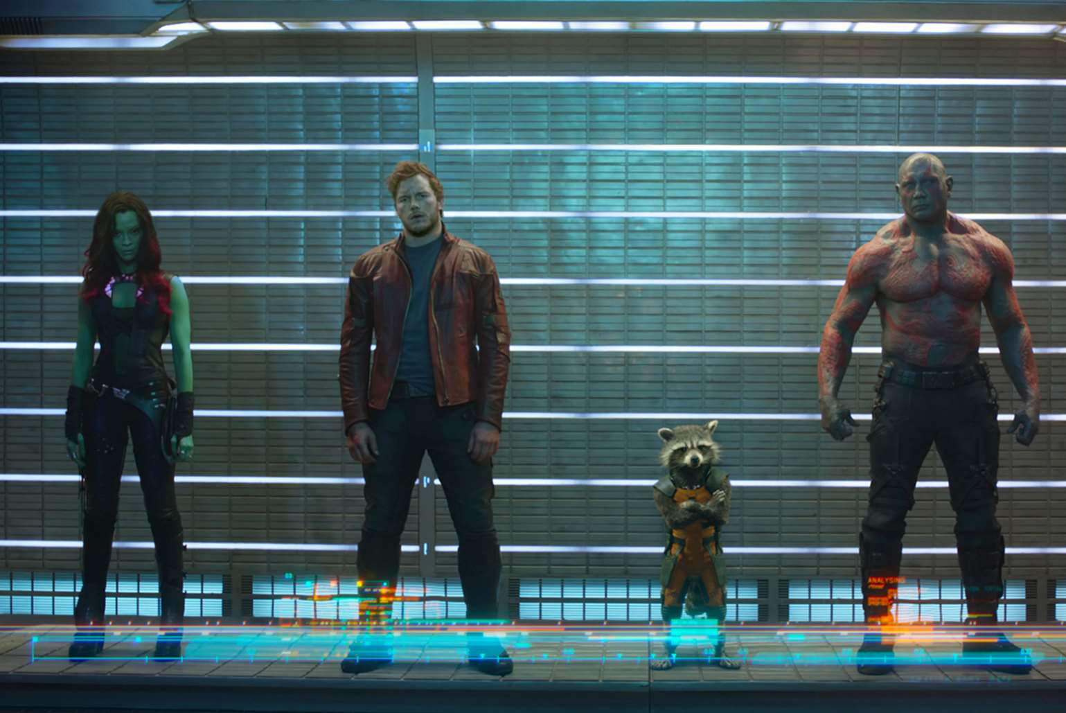 Gamora (Zoe Saldana), Peter Quill/Star-Lord (Chris Pratt), Rocket Raccoon (voiced by Bradley Cooper), Drax The Destroyer (Dave Bautista) and Groot (voiced by Vin Diesel), in Guardians Of The Galaxy. Picture: PA Photo/Walt Disney Studios Motion Pictures UK