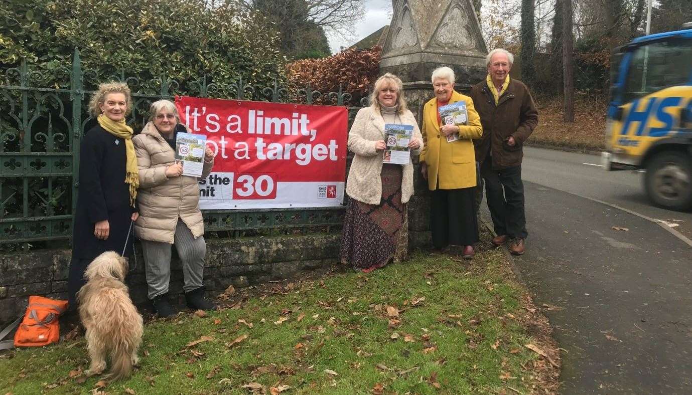 With one of the new banners by the entrance to Greatness Park Cemetery are from left, Cllr Libby Ancrum, Cllr Sue Camp, Cllr Sally Layne, Cllr Dr Merilyn Canet, and Cllr Tony Clayton