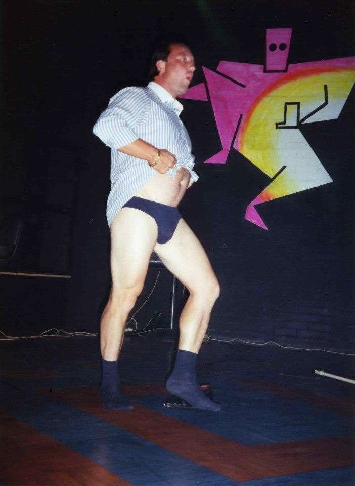 Al Benson the comedian on stage at the 'Sunday Nuthouse' held at Atomics for three months in the 1990s. Picture: Mick Clark