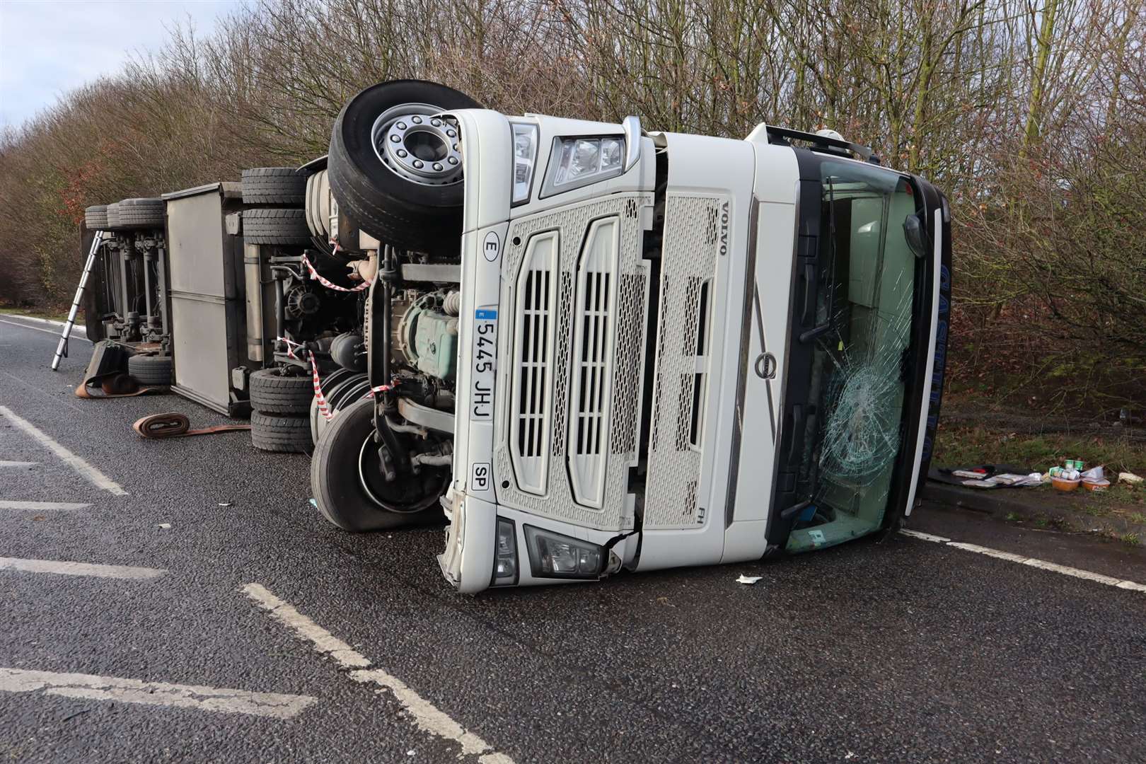 An articulated lorry on its side blocked the Sheppey-bound carriageway of the A249 at Bobbing near Sittingbourne. Picture: John Nurden