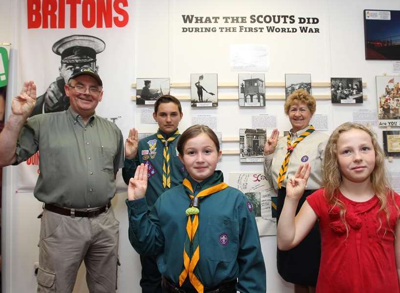 Robert Fountain, group scout leader, with Connor Dacombe, 13, Charlotte Silver, nine, Scarlett Hayter, 10 and Elizabeth Burton, Beaver leader of the 8th Sheppey Scouts at a First World War exhibition at Sheppey Gateway