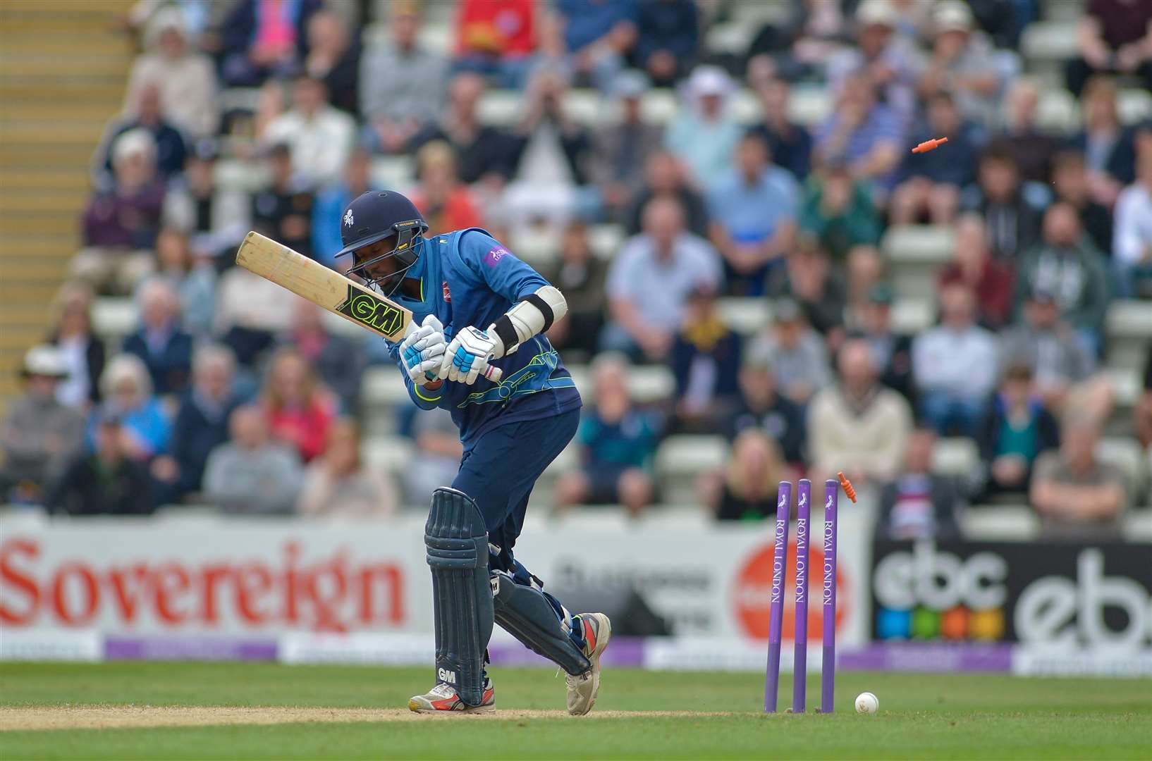 Daniel Bell Drummond is out for just one run, bowled by Dillon Pennington Picture: Ady Kerry