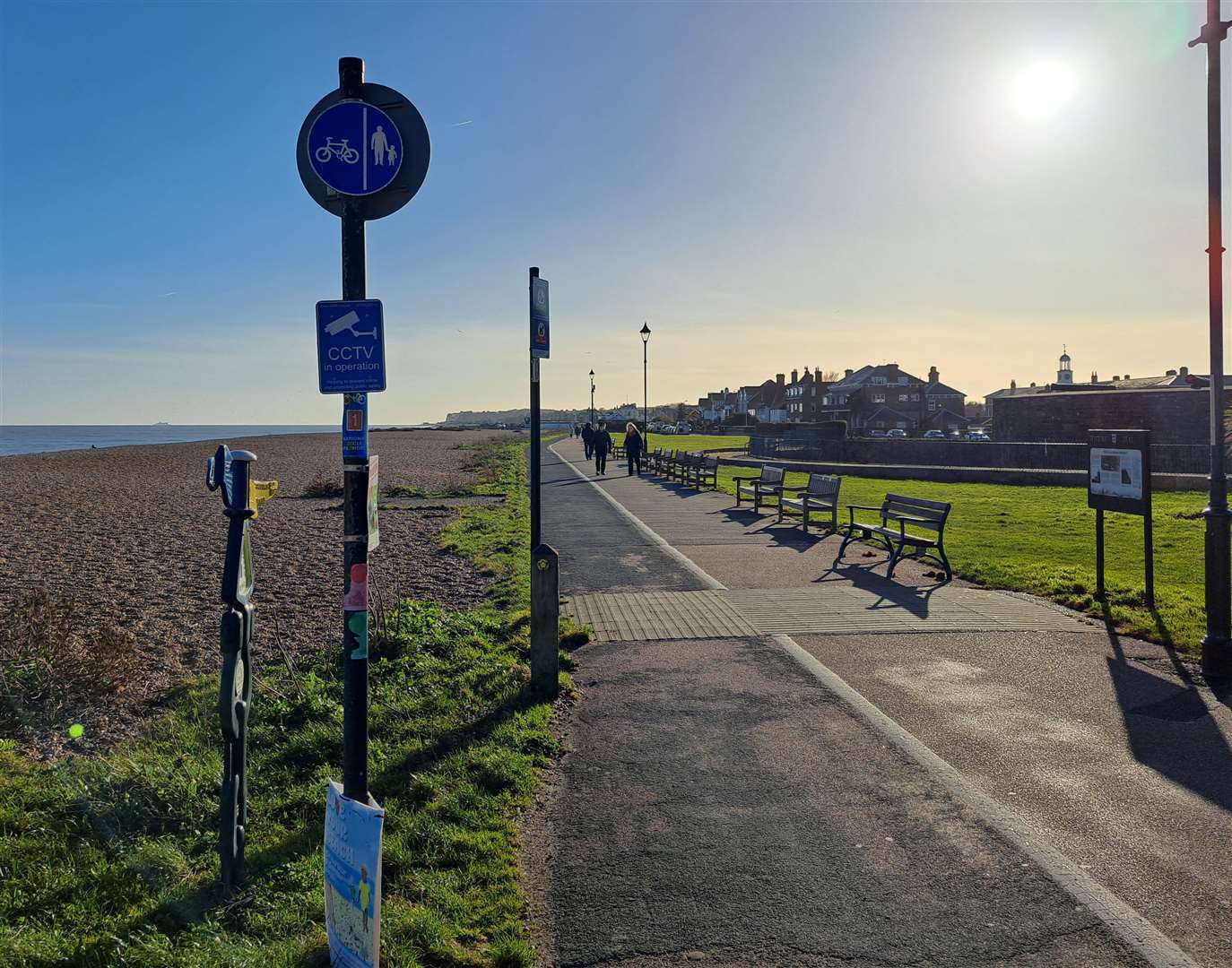 Deal seafront south of the castle where the path is clearly divided between cyclists and pedestrians
