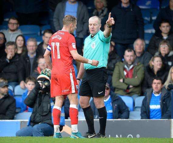 Gillingham's Lee Martin is sent off by referee Graham Salisbury Picture: Ady Kerry