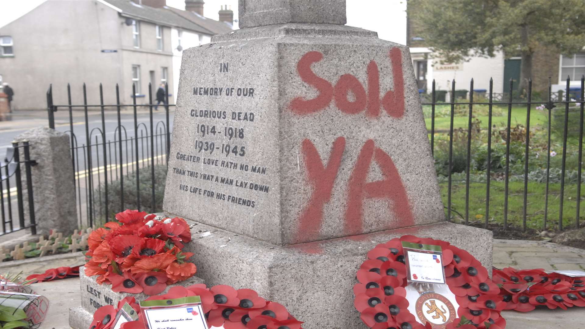 Graffiti on the Faversham War Memorial in Stone Street