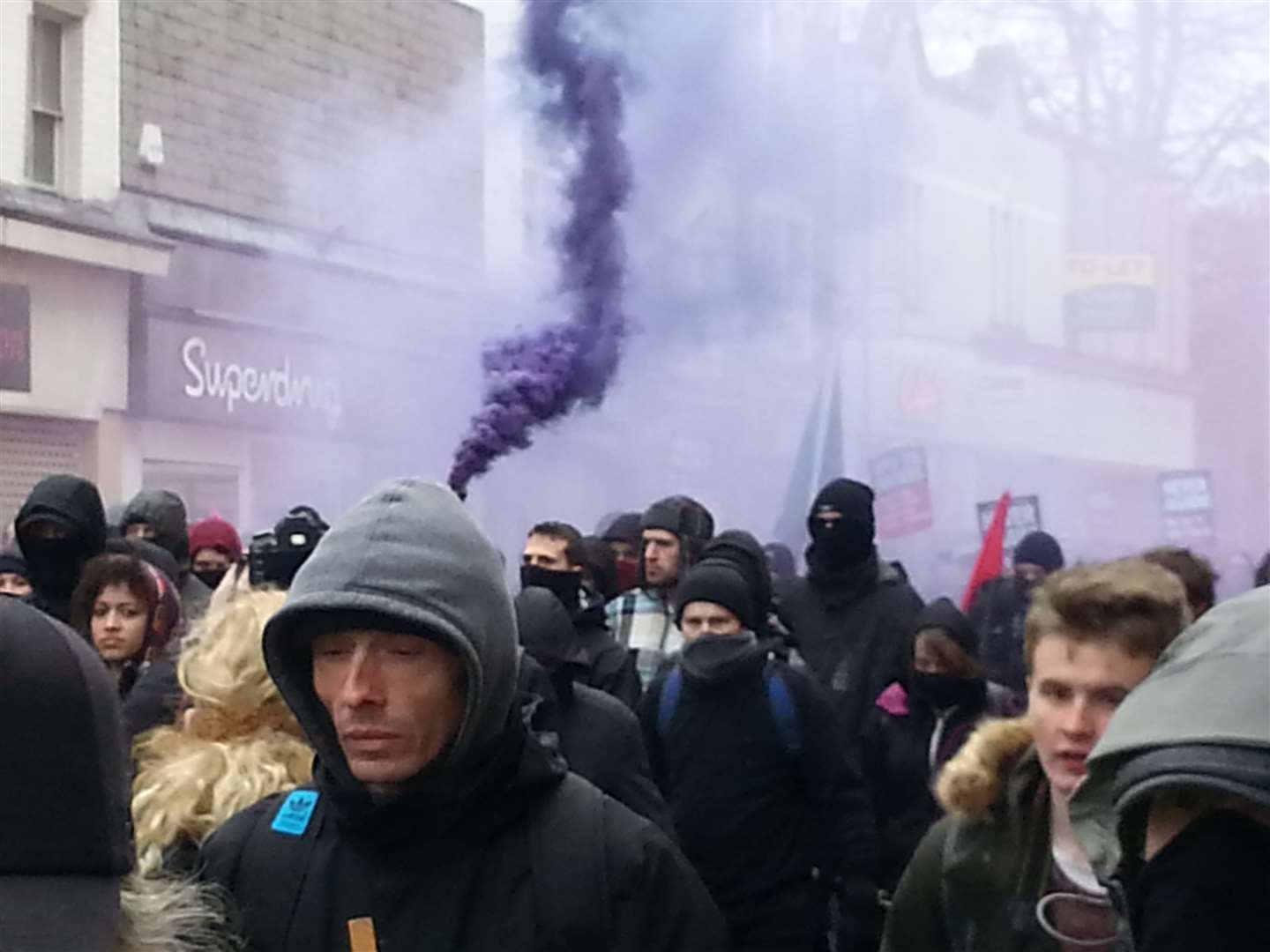 Flares were let off by anti-fascist protestors