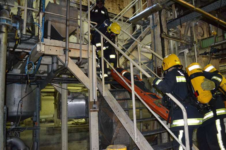 The team rehearsed how they would make the scene safe by decontaminating the area and safely disposing of the spilt chemicals. Picture courtesy of Kent Fire and Rescue Service