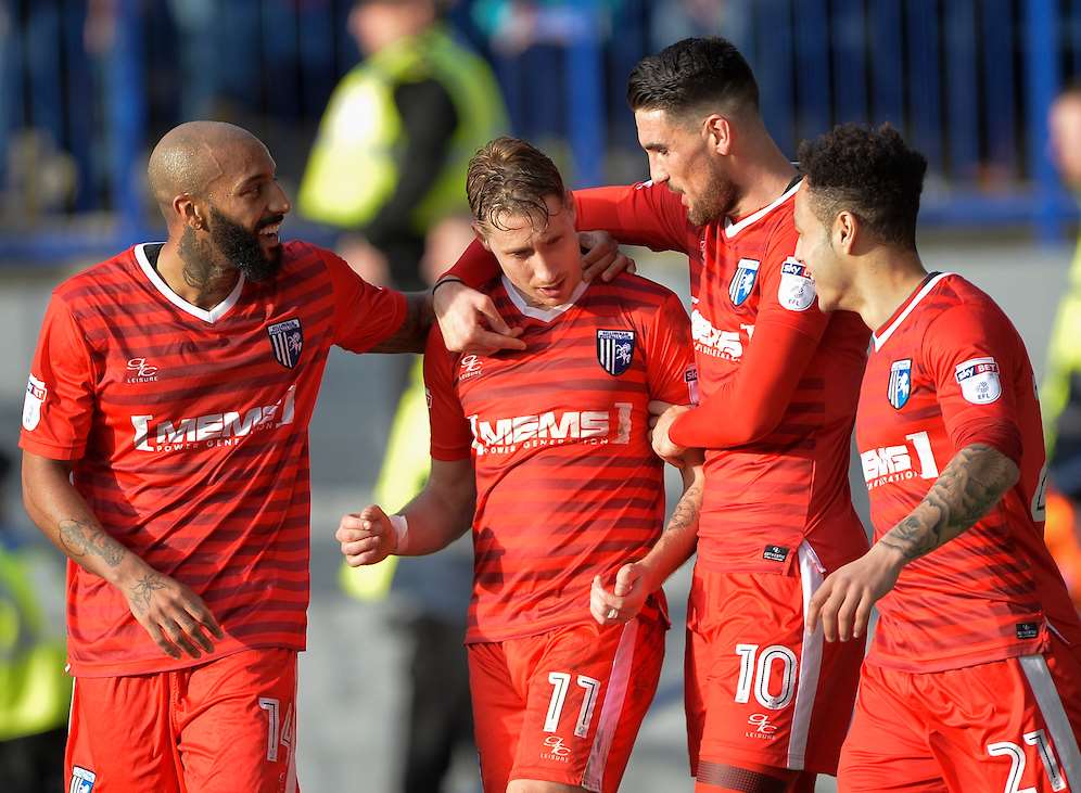 Gillingham celebrate their third goal at Portsmouth Picture: Ady Kerry