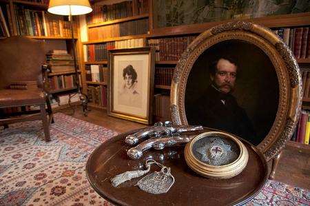 Duelling pistols, Garter Star and chain mail purse belonging to John, 1st Duke of Marlborough at the In the Blood exhibition at Churchill's former home, Chartwell