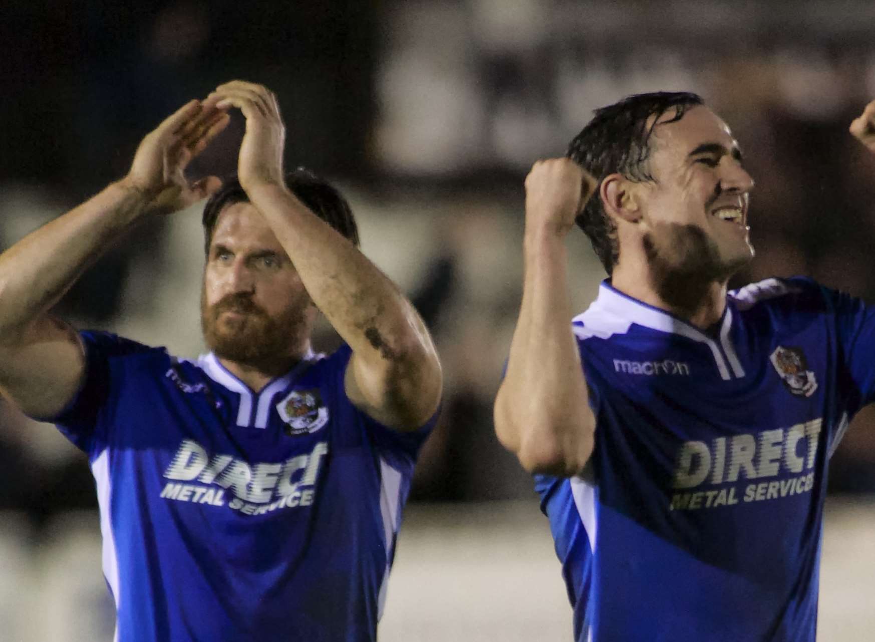 Lee Burns and Danny Harris celebrate Dartford's FA Cup win at Bromley Picture: Andy Payton