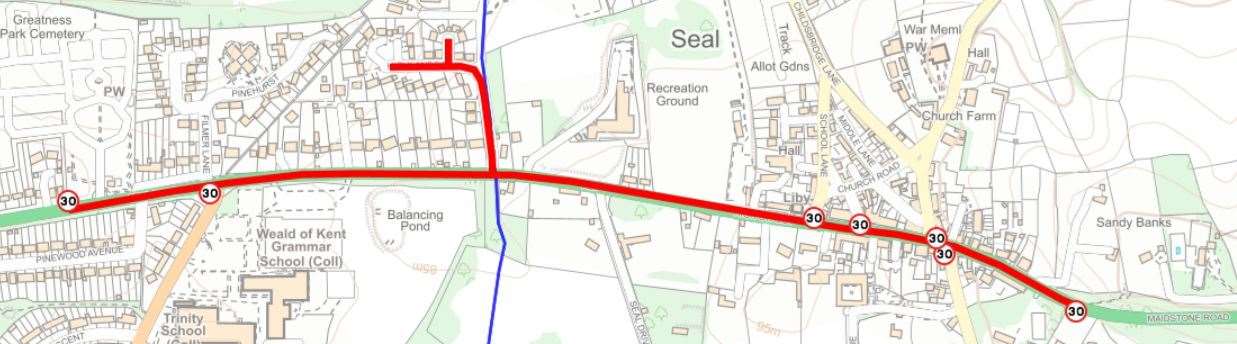 The red line shows the new 30mph speed limits, with the blue line showing the boundary between Sevenoaks (left) and Seal