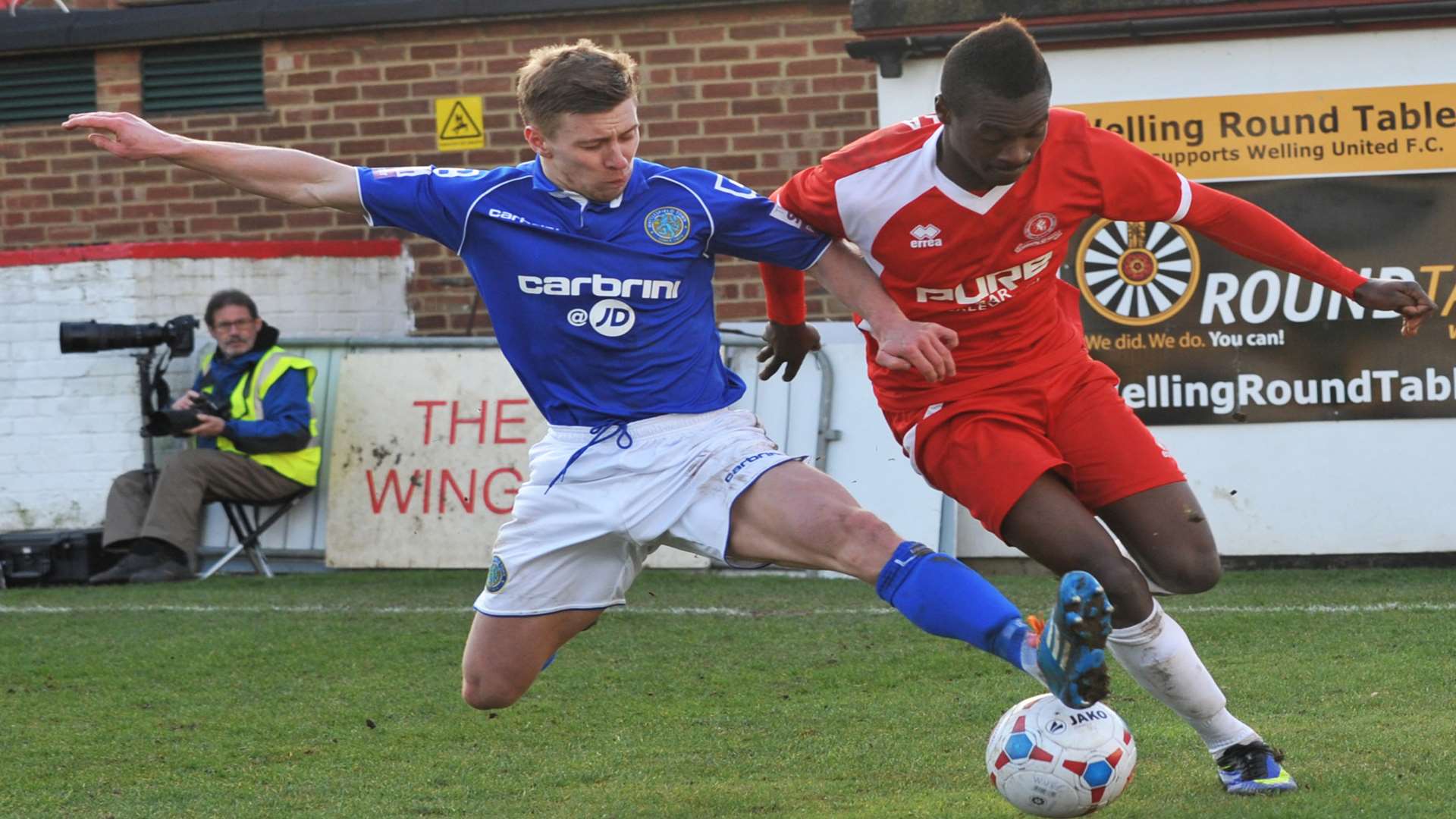 New Dover signing Toby Ajala takes on the Macclesfield defence during his time at Welling Picture: David Brown