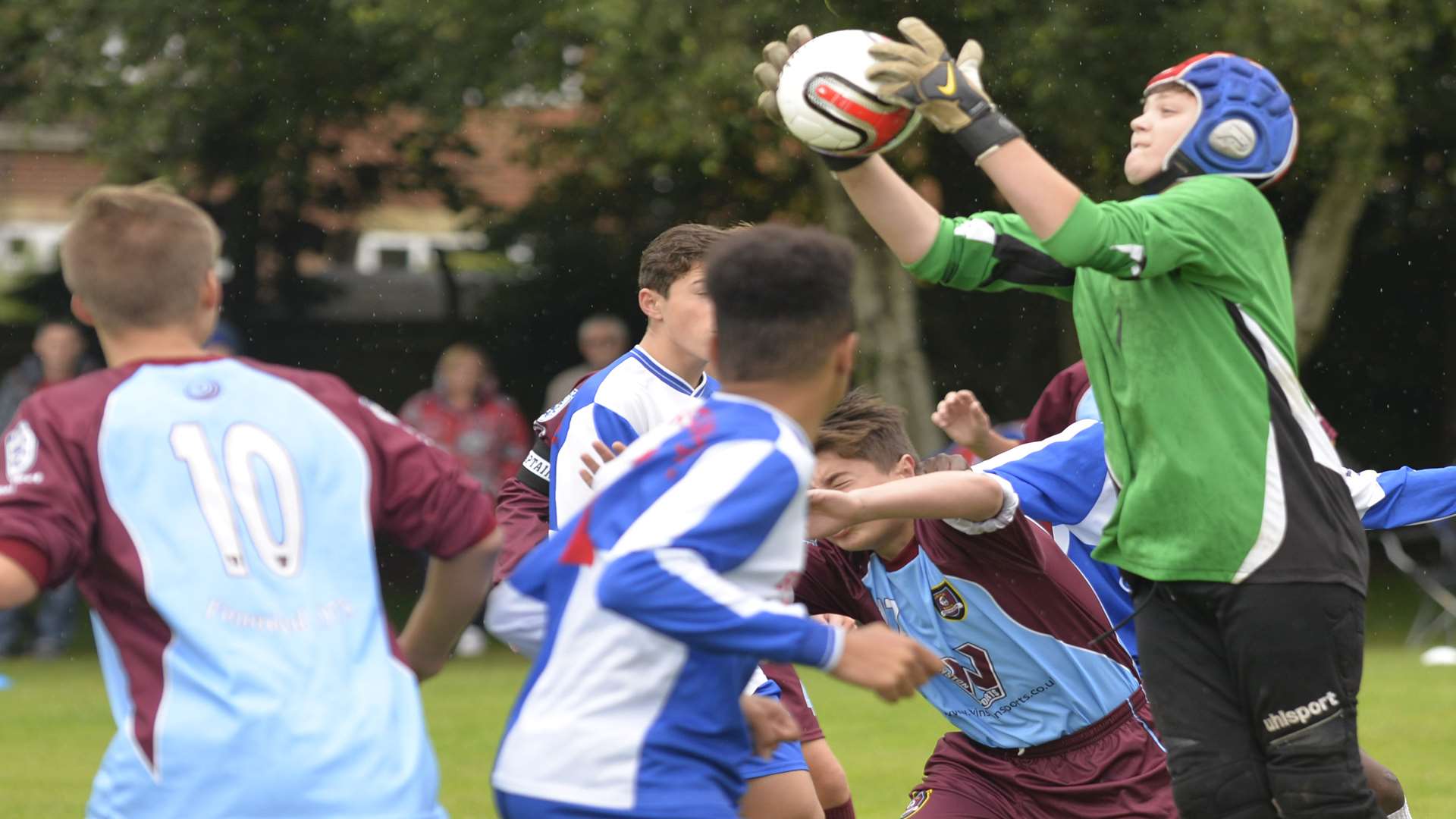 Division 1 goalmouth action between under-14 sides Wigmore Youth, maroon, and Bredhurst Juniors Picture: Ruth Cuerden